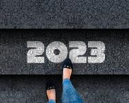 The numbers 2023 are printed on the middle step of 3 steps, seen from overhead. A pair of feet and legs is shown on the stairs, wearing jeans and flats.